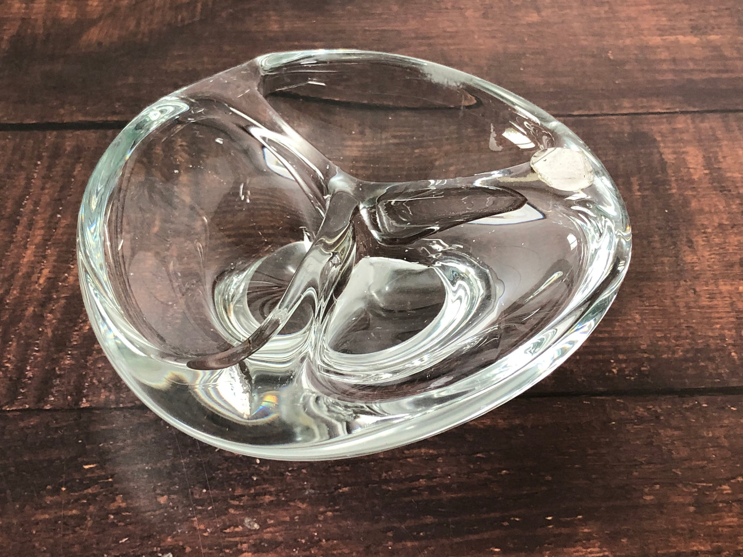 Mid Century Modern Thick Hand Blown Three 3 Chamber Crystal Clear Glass Dish from Action International, MCM Heavy Glass Dish