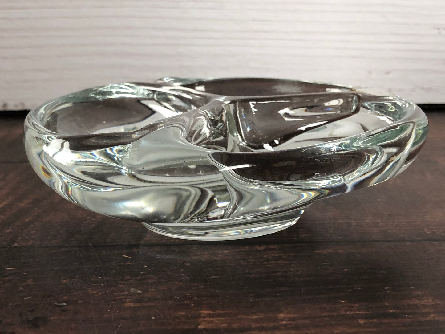 Mid Century Modern Thick Hand Blown Three 3 Chamber Crystal Clear Glass Dish from Action International, MCM Heavy Glass Dish