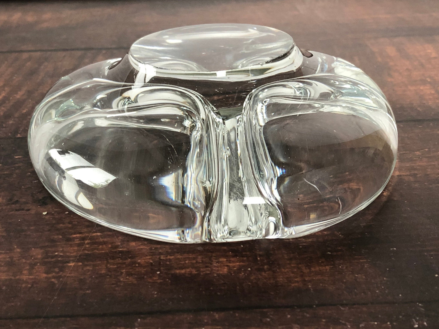 Mid Century Modern Thick Hand Blown Three 3 Chamber Crystal Clear Glass Dish from Action International, MCM Heavy Glass Dish