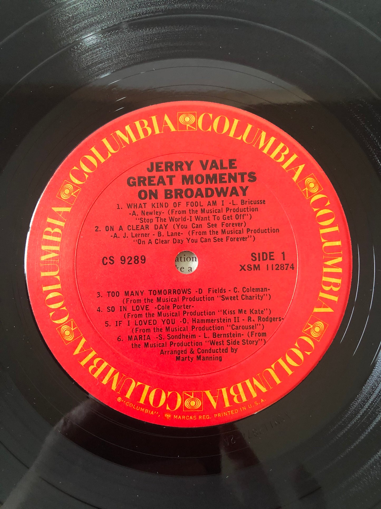 1960s Columbia Jerry Vale Greatest Moments on Broadway CS 9289 LP Record Album Vinyl