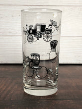 Load image into Gallery viewer, Vintage Libbey Carriage Stagecoach Highball Cocktail Glass, Black White and Gold Stagecoach on Clear Glass, Libbey Drinking Glass
