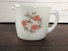 Load image into Gallery viewer, Vintage Fire King Ware Fleurette White Milk Glass Creamer, Vintage Anchor Hocking Ovenware, Retro Glass and Pink Floral Design
