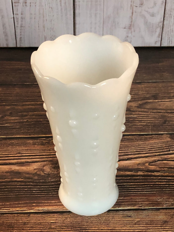 1940s Anchor Hocking Scalloped Rim Milk Glass Teardrop and Pearl Knobbed Table Vase