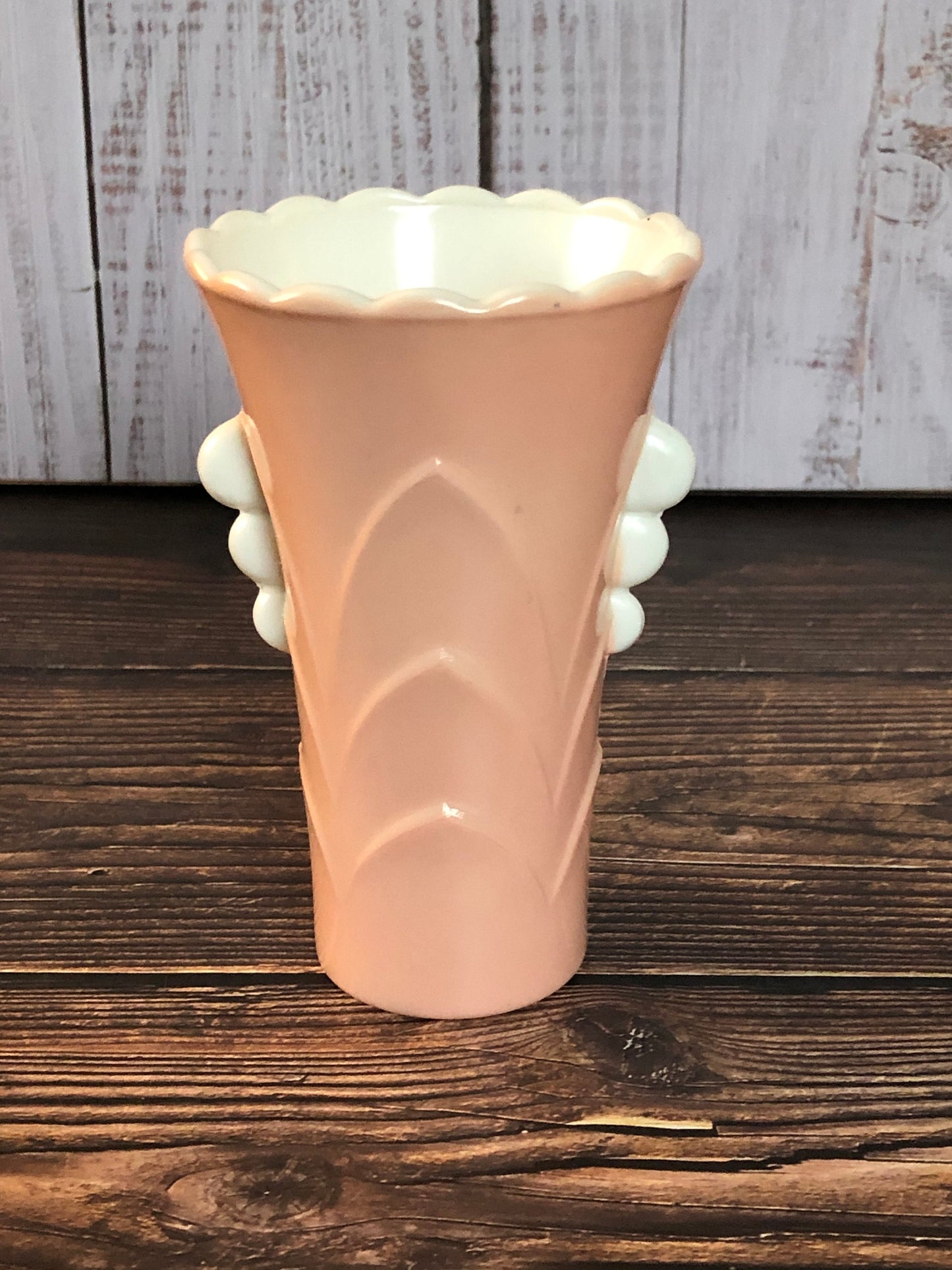 Anchor Hocking Fired-On Pink Vitrock Scalloped Art Deco Glass Table Vase