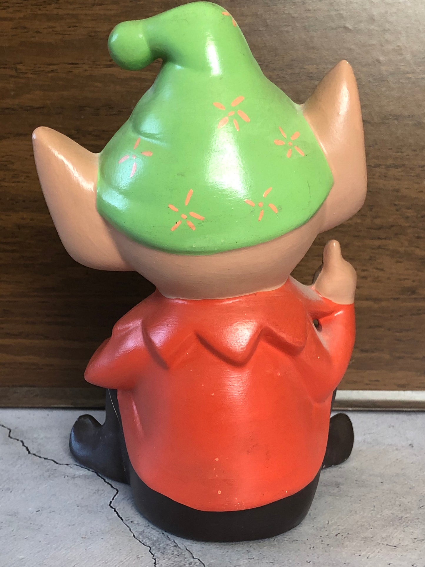 70s Ceramic Hand Painted and Signed Shelf Sitter Pixie Elf, Garden Art Pixie Elf