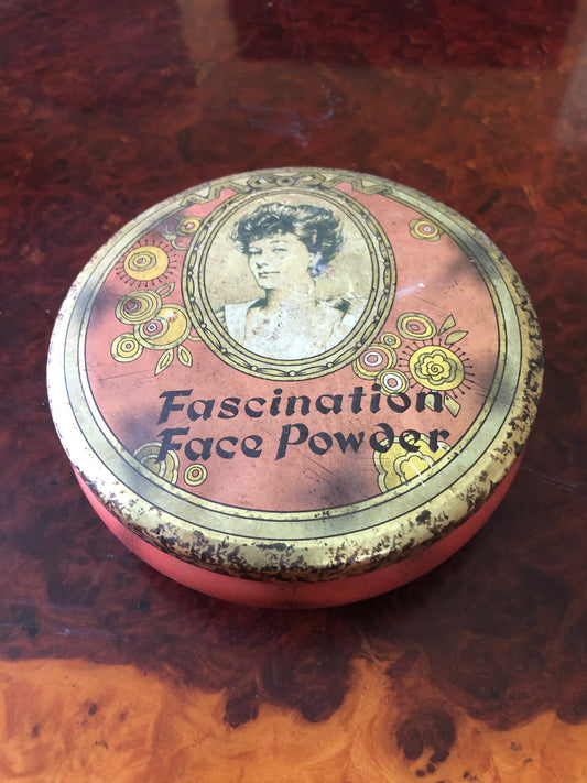 Vintage Daher Tin Fascination Face Powder Round Red Box Made in England Metal Container Vanity Decor Collector Tin Decorated Ware