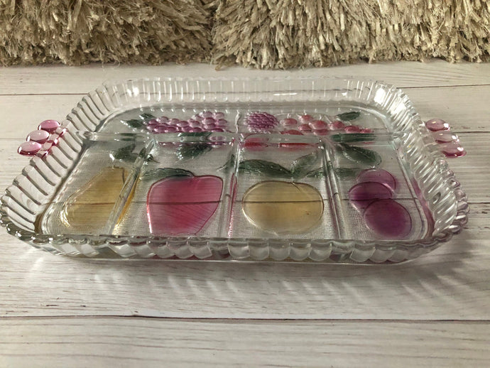 Vintage Indiana Glass 5 Part Relish Tray, Plateau A Hors D'Deuvre Rainbow Mist Serving Tray, Pink Green Yellow Purple Serving Tray