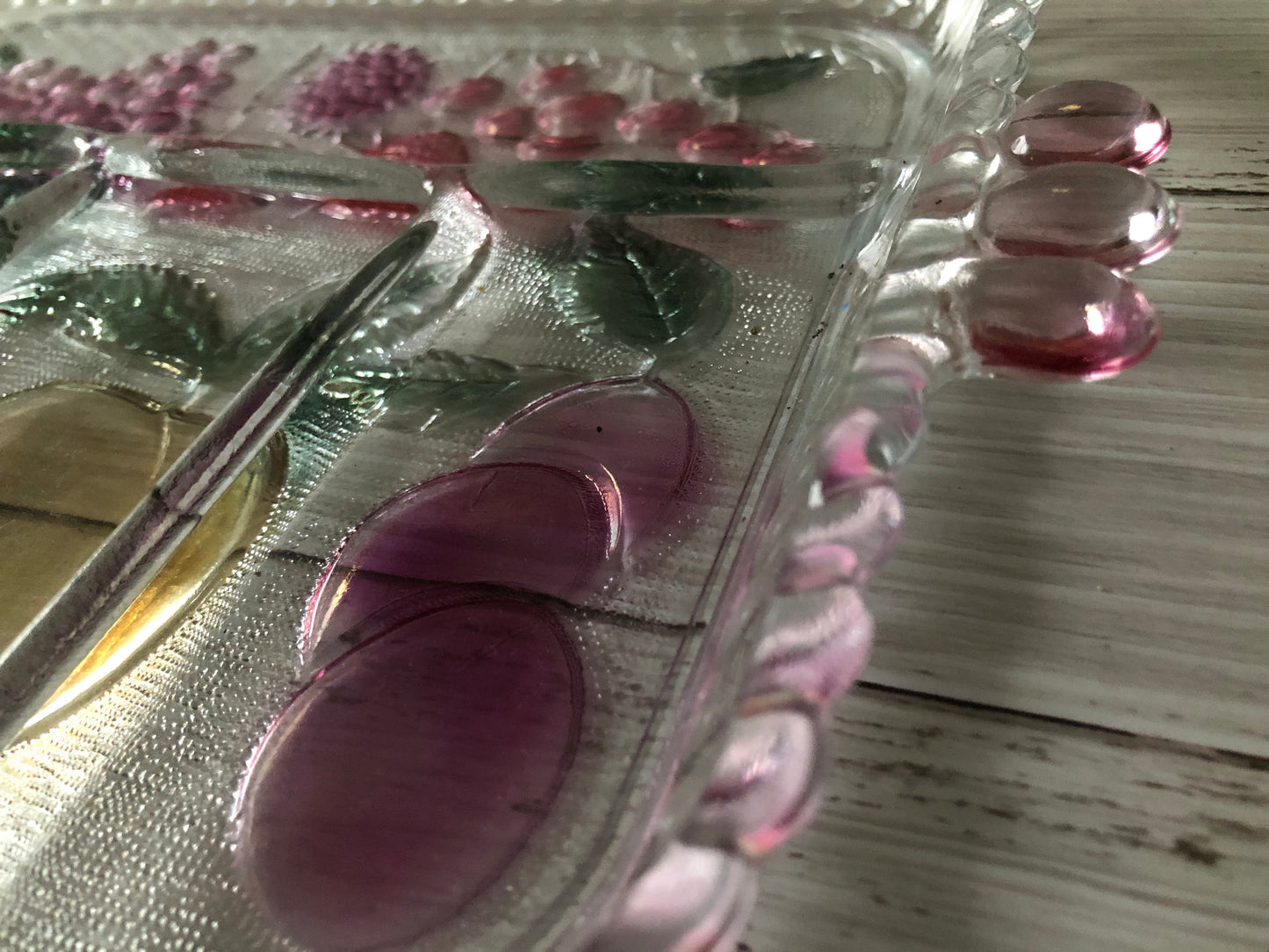 Vintage Indiana Glass 5 Part Relish Tray, Plateau A Hors D'Deuvre Rainbow Mist Serving Tray, Pink Green Yellow Purple Serving Tray