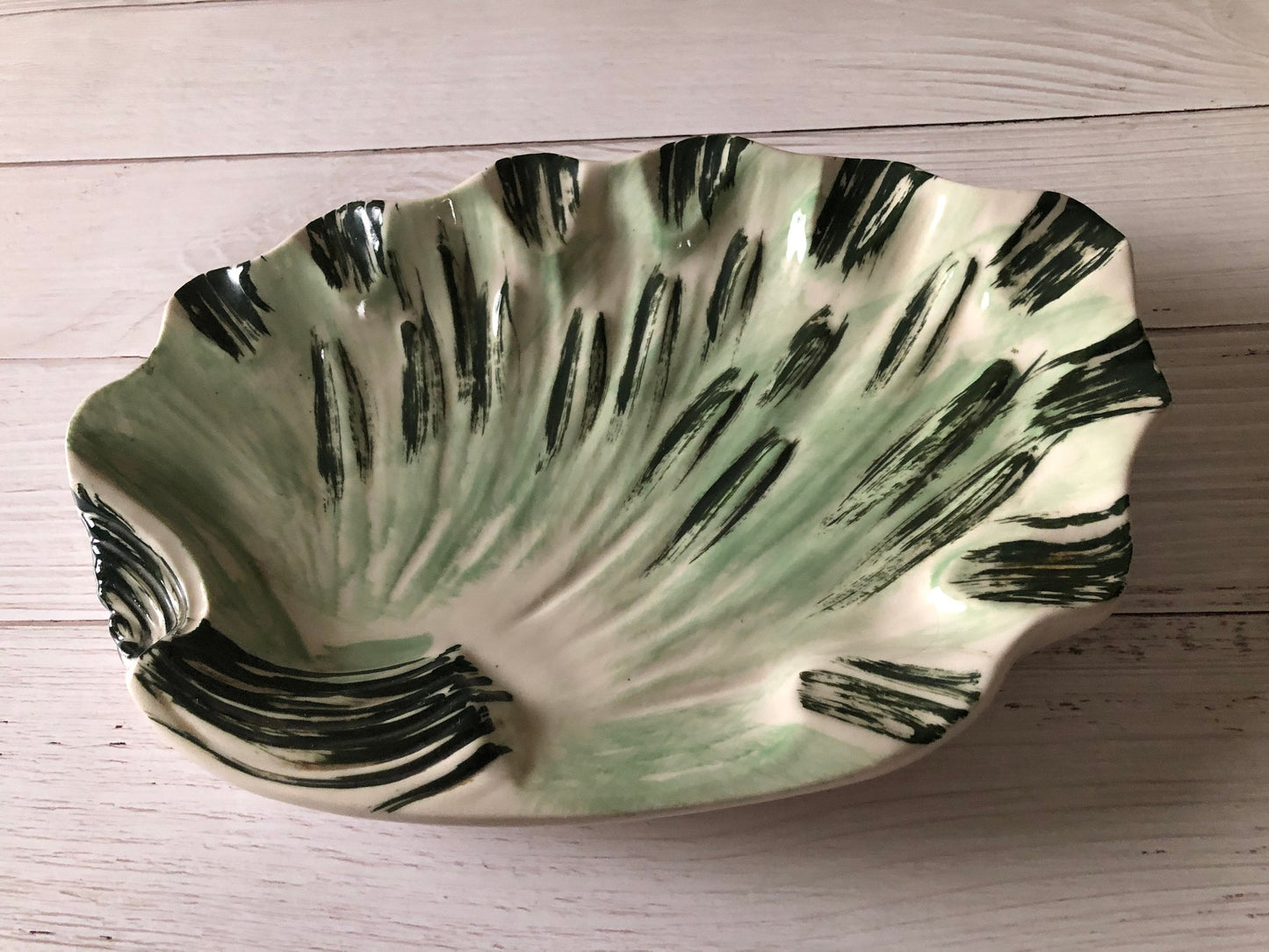 Mid Century Green and White Glazed Pottery Shell Shaped Ashtray, Vintage Extra Large Coffee Table Dish, Cigar Tray, Cigarette Tray