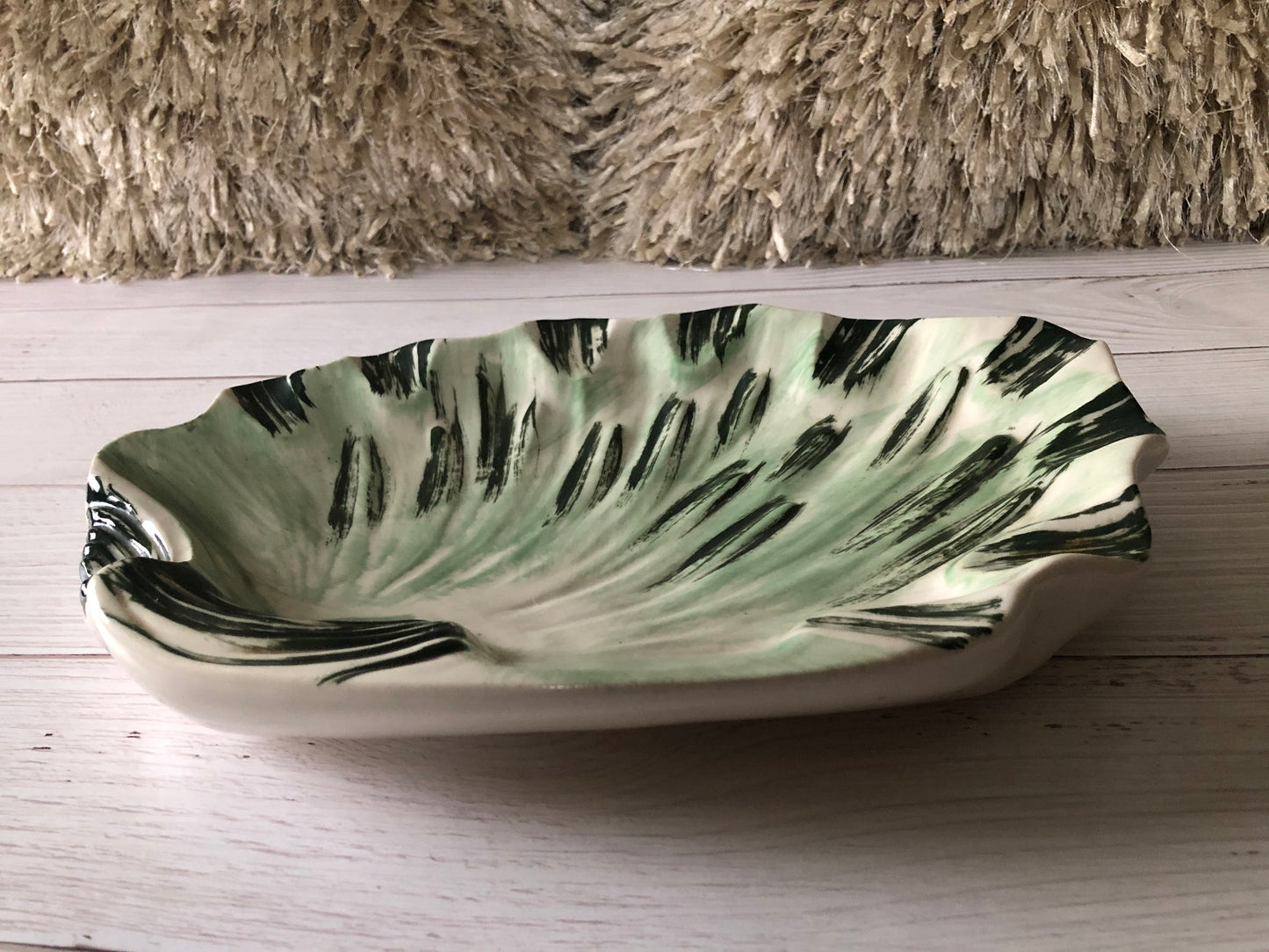 Mid Century Green and White Glazed Pottery Shell Shaped Ashtray, Vintage Extra Large Coffee Table Dish, Cigar Tray, Cigarette Tray