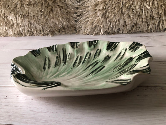 Mid Century Green and White Glazed Pottery Shell Shaped Ashtray, Vintage Extra Large Coffee Table Dish, Cigar Tray, Cigarette Tray