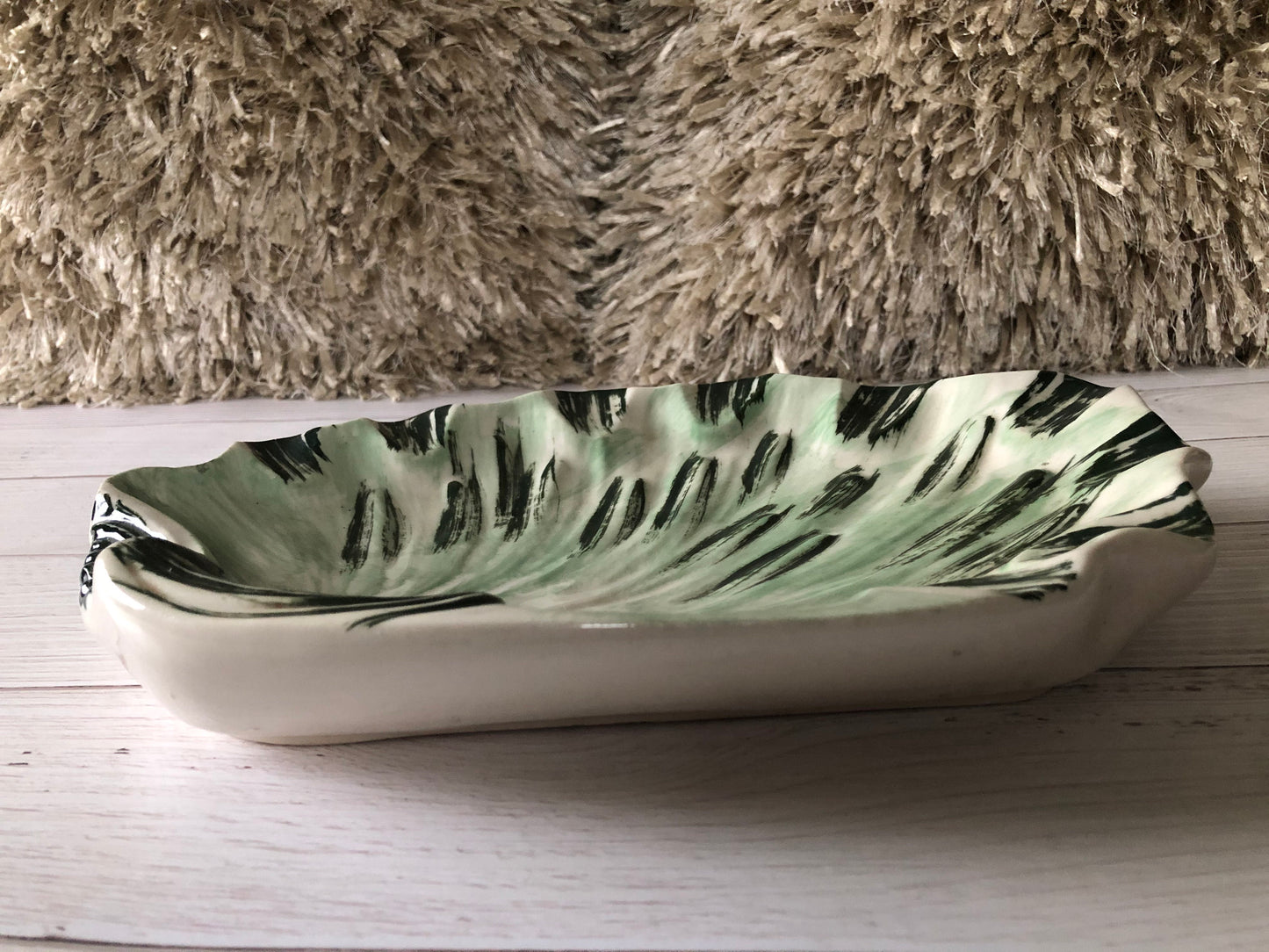 Mid Century Green and White Glazed Pottery Shell Shaped Ashtray, Vintage Extra Large Coffee Table Dish, Cigar Tray, Cigarette Tray