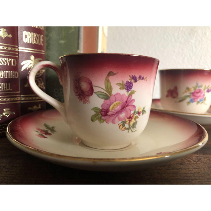 Vintage Germany Norway Teacup and Saucer Floral Rose Pattern with Gold Trim