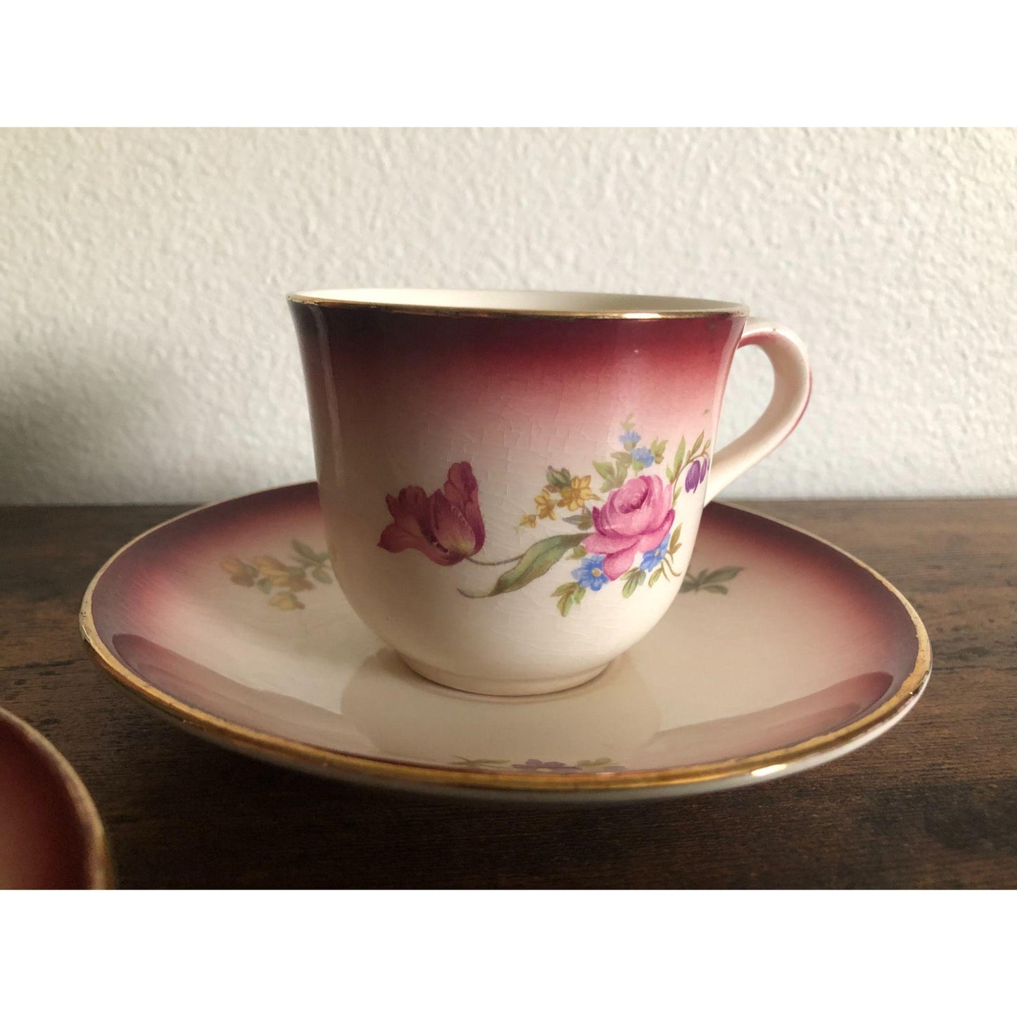 Vintage Germany Norway Teacup and Saucer Floral Rose Pattern with Gold Trim