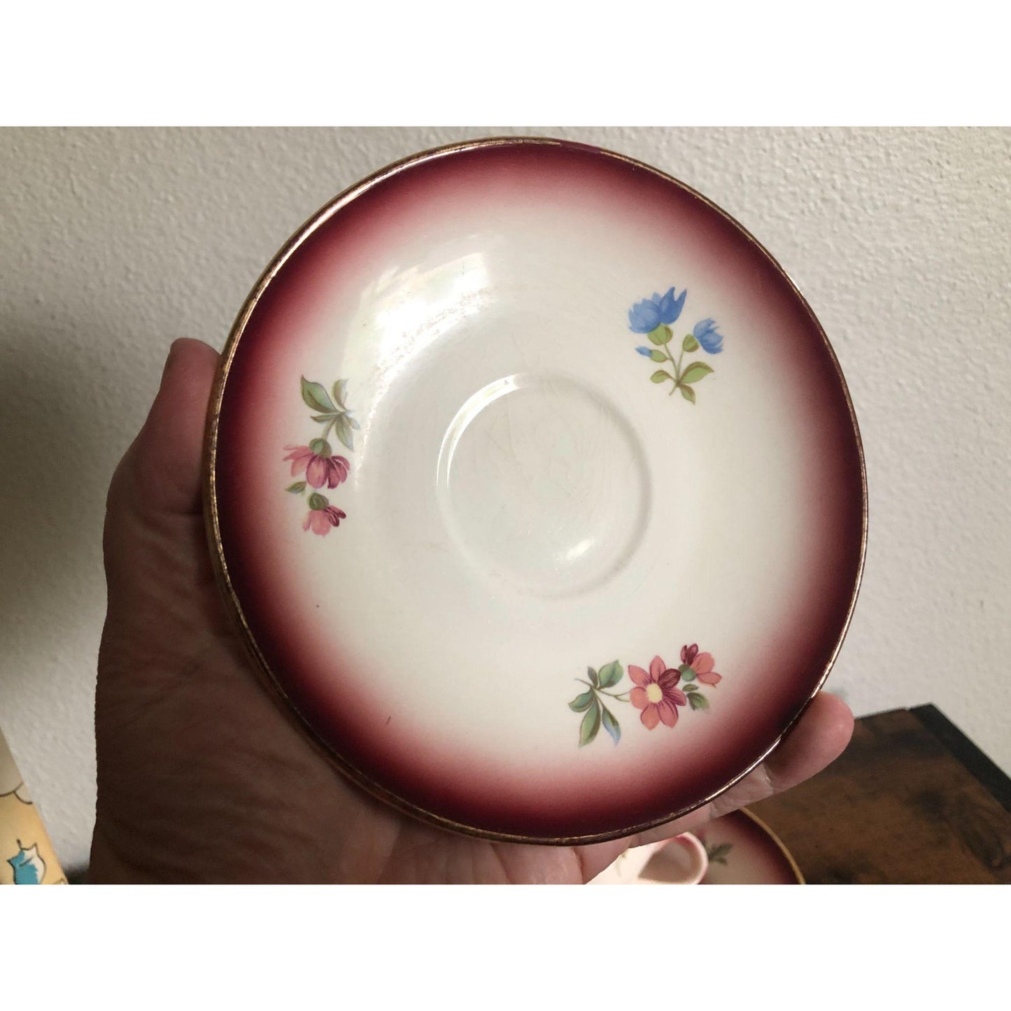 Vintage Germany Norway Teacup and Saucer Floral Rose Pattern with Gold Trim