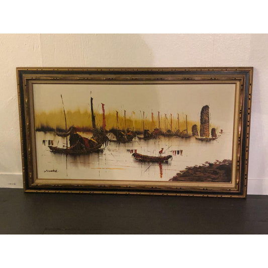 Original Framed and Signed Oil Painting of Asian Trading Ships Junk Boats