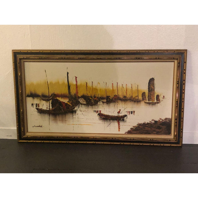 Original Framed and Signed Oil Painting of Asian Trading Ships Junk Boats