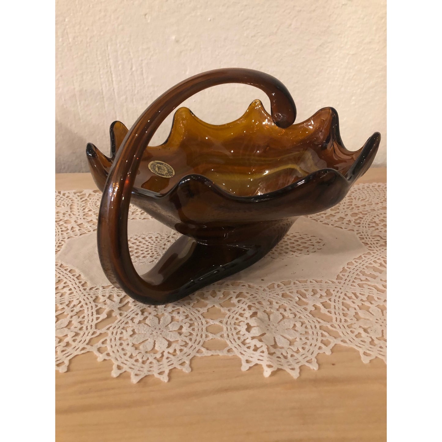 Sooner Glass Basket with Glass Handle Brown Swirl