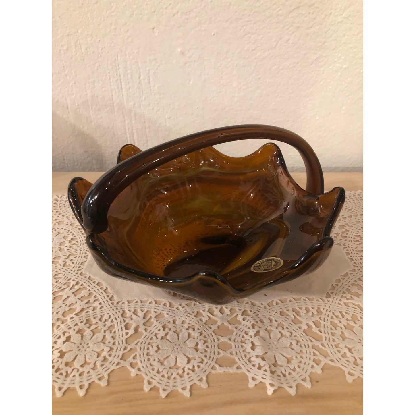 Sooner Glass Basket with Glass Handle Brown Swirl