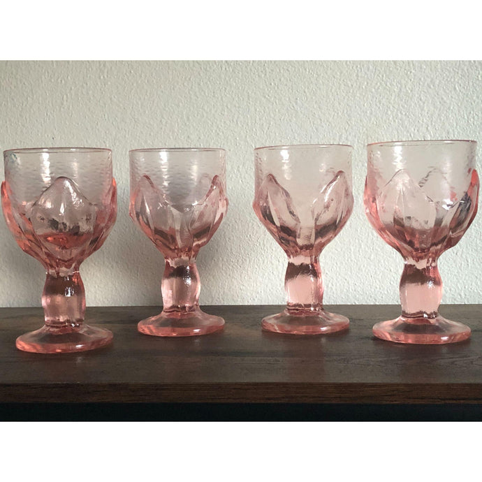 Vintage 1970s Franciscan Tiffin Pink Crystal Lotus Leaf Cabaret Water or Wine Goblets (set of 4)